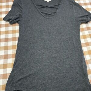 Zenana Outfitters Charcoal Crisscross V-Neck Tee
